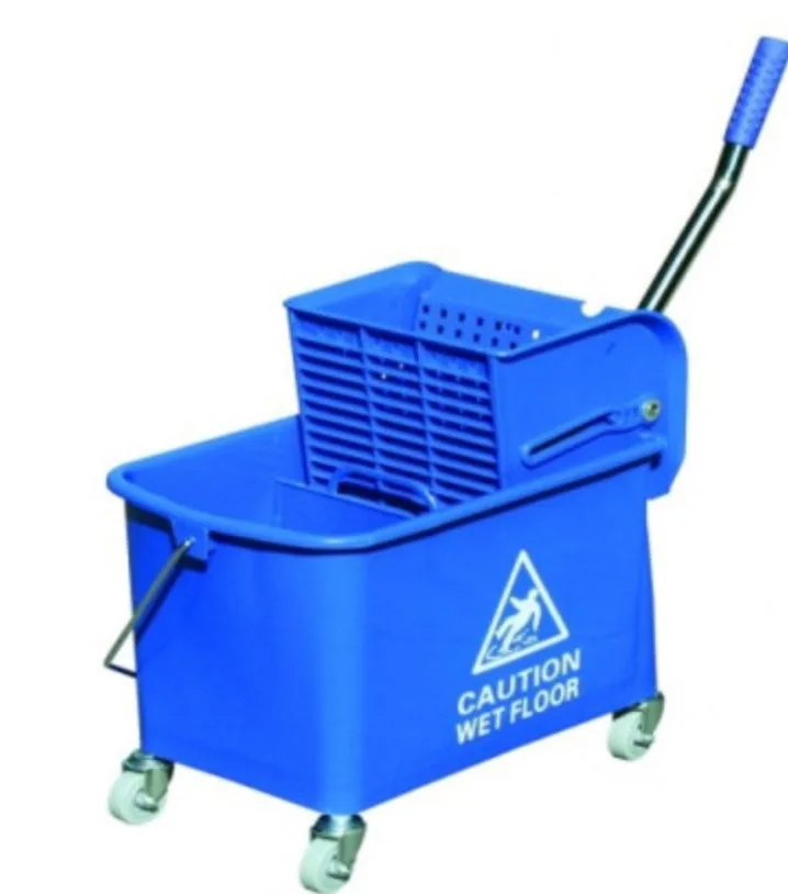Seau de lavage bleu à roulettes avec presse
